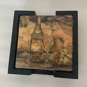 Wine Bottle Glass AM Wood Holder For Square Coasters Dark Walnut 5 Piece Set